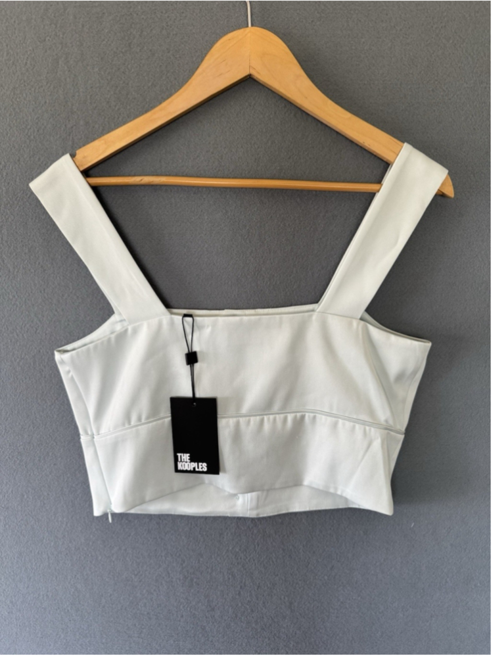 NWT The Kooples Size 3 Ice Blue Silver Satin Crop Top Wide Strap Button Front - Picture 3 of 8